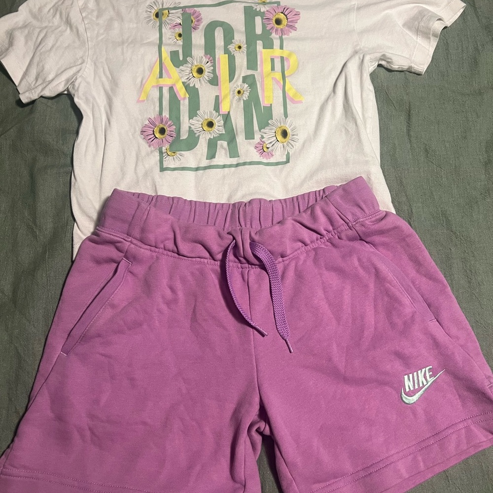 SOLD-Nike Jordan outfit, Jumpman daisy girls shirt, fleece drawstring shorts